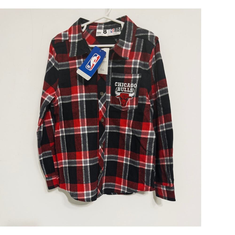 Cotton On Kids NBA Chicago Bulls red‎ plaid flannel shirt sz 8 team spirit